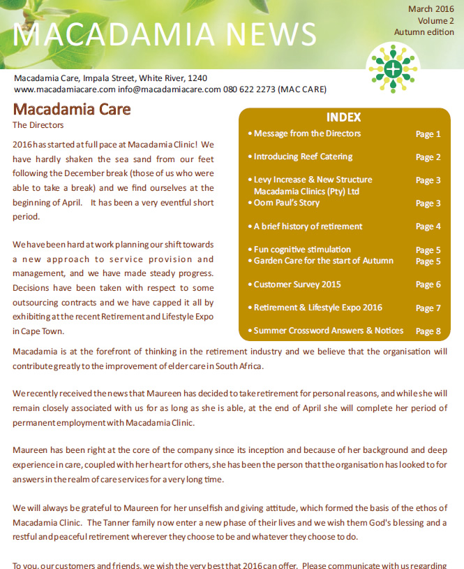 Macadamia Care, Mpumalanga, Limpopo, Nelspruit, White River, Polokwane, Tzaneen, senior living, senior care, healthcare, assisted living, frail care, 24-hour emergency response, Health monitoring and Care planning, Attentive care, Respite care, Memory care, Home-based care